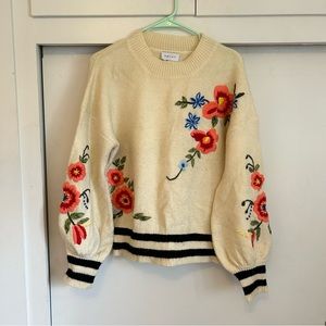 Embroidered Anthropologie Crew Neck Puff Sleeve Sweater